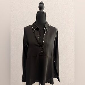 Zara Women’s Black Long Sleeve Blouse Silver Beading Detail Evening Chic Top